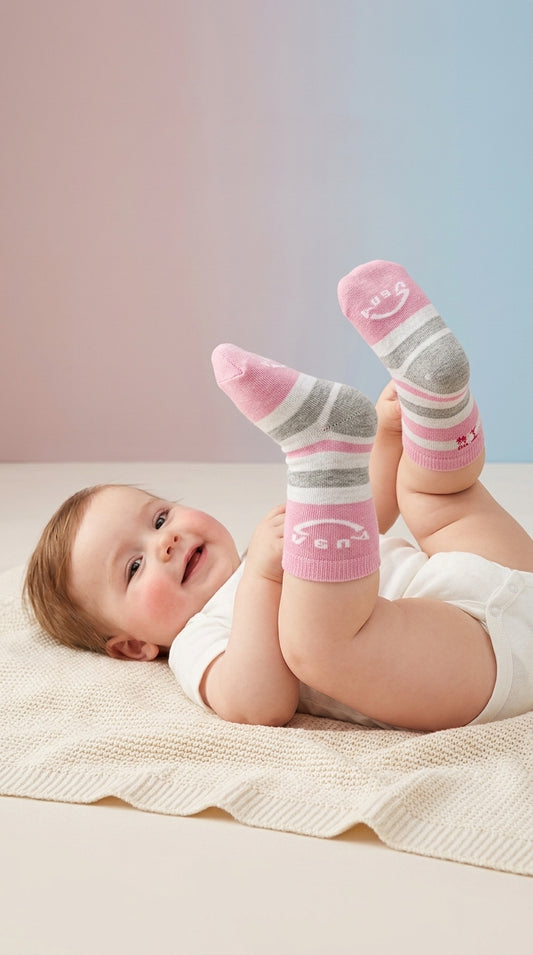 Soft Striped Baby Ankle Socks (Pink & Grey)