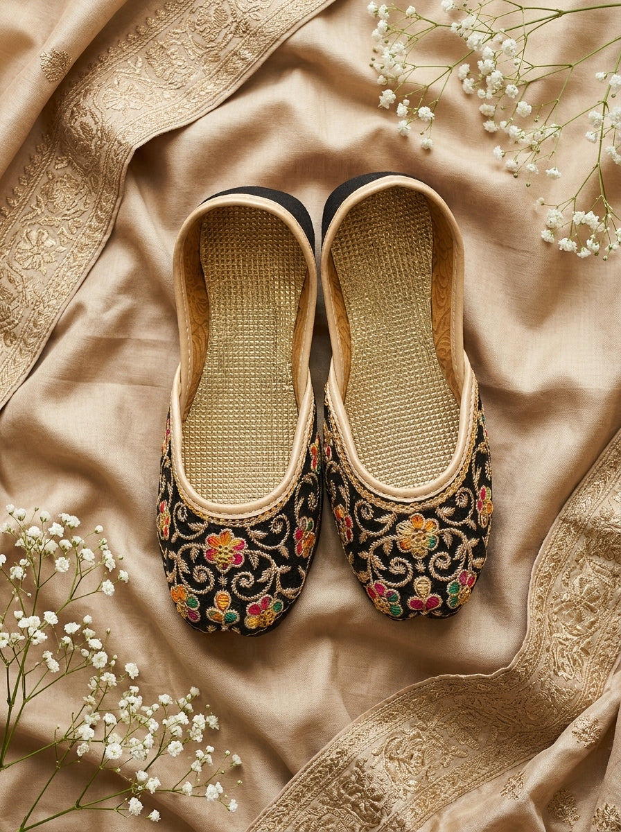 Kids Black Gold Floral Embroidered Khussa