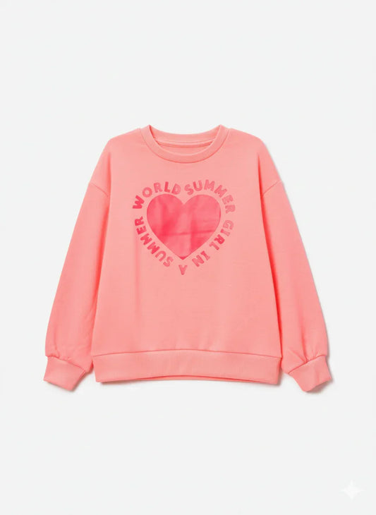 Pink kids sweatshirt featuring a heart and 'World Summer Girl' text, long sleeves, crew neck.