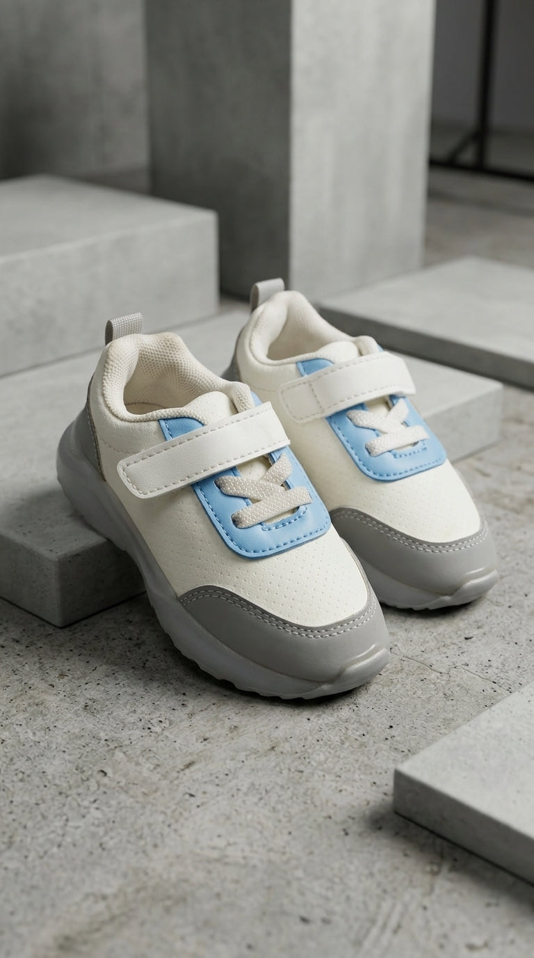 Kids Cream and Sky Blue Velcro Sneakers with Grey Toe