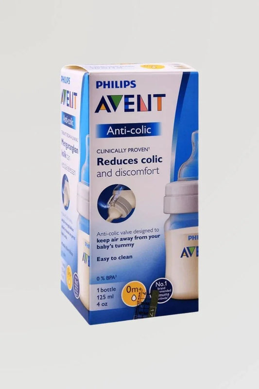 Philips Avent anti-colic baby feeding bottle packaging, 125ml, reduces colic, 0% BPA