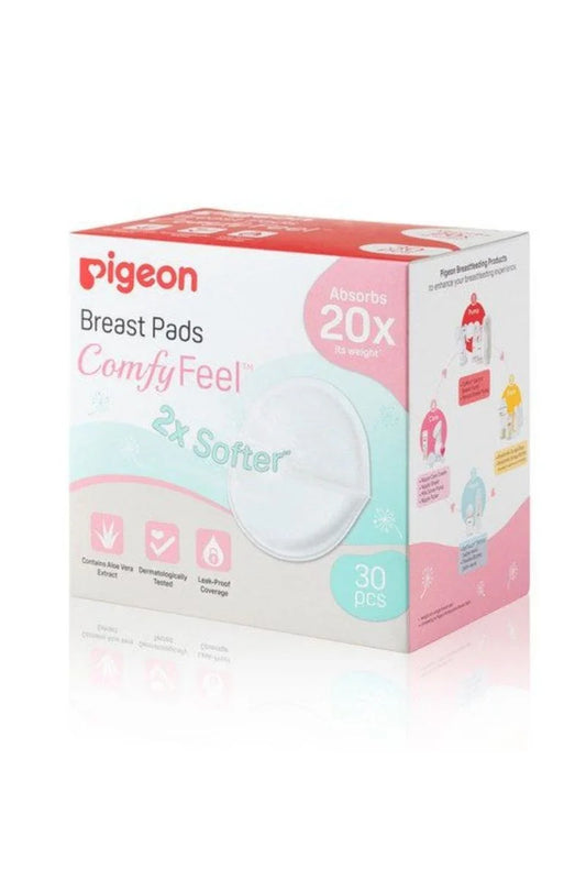 Box of Pigeon breast pads Comfy Feel 30 pcs, showing soft, absorbent, leak-proof design.