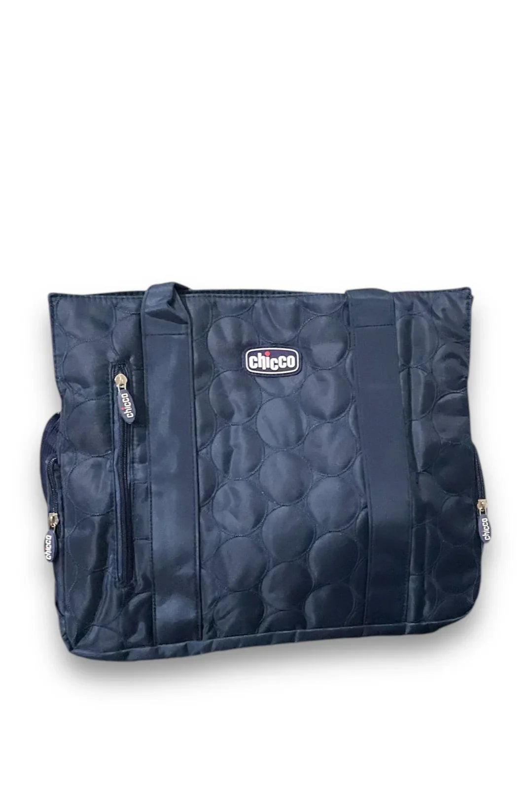 Navy blue quilted diaper bag with zipper pockets and Chicco logo, baby essentials accessory