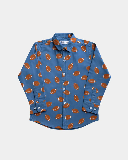 Blue Boys Shirt with Rugby Ball Print - Long Sleeve Button-Down | Size 1-6 years