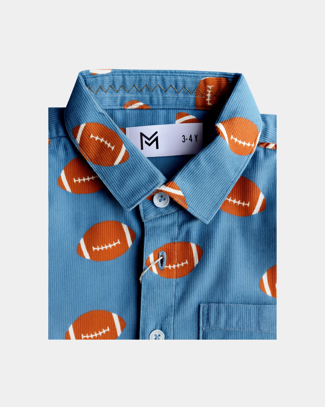 Blue Boys Shirt with Rugby Ball Print - Long Sleeve Button-Down | Size 1-6 years