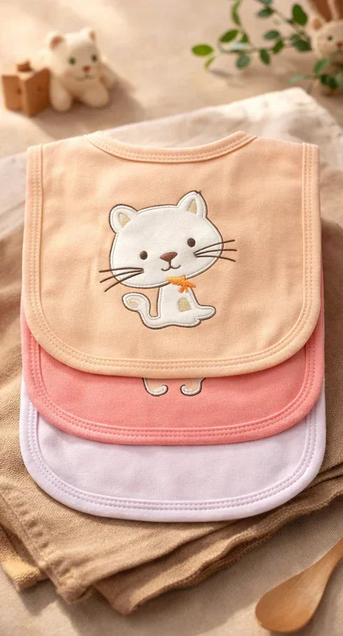 Baby Girl Kitty Embroidered Bib Set of 3