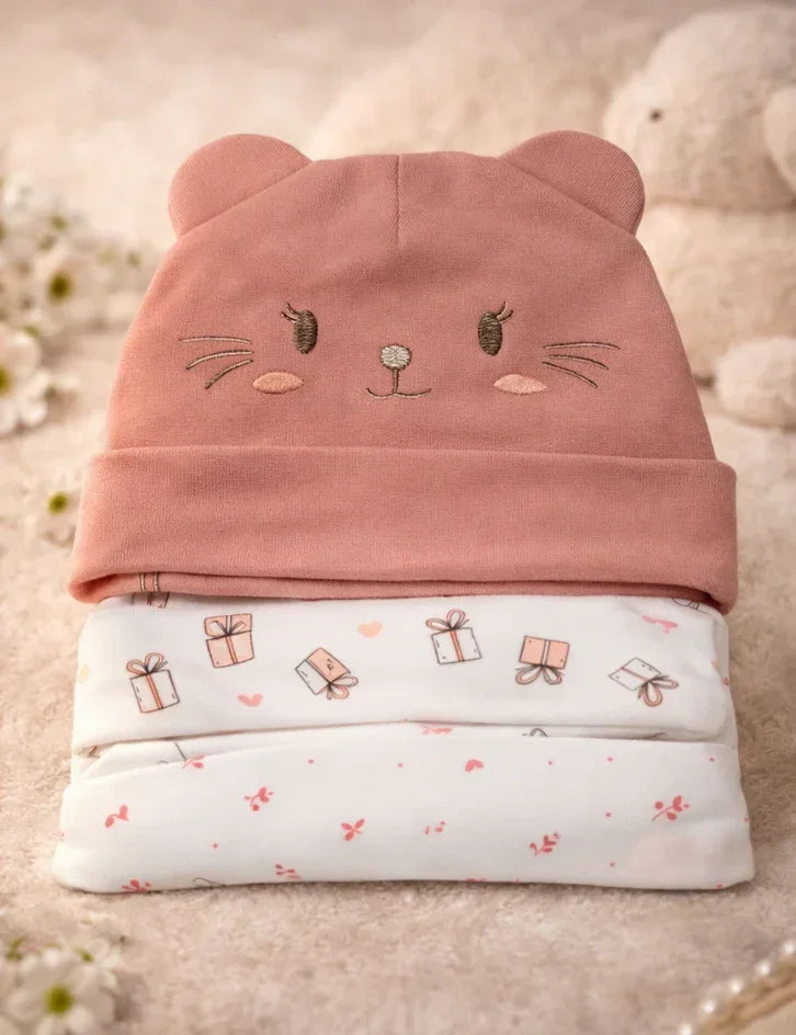 Baby Girl Bear Ear Beanie Set of 3