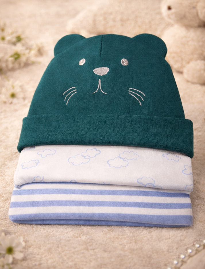 Baby Boy Bear Ear Beanie Set of 3