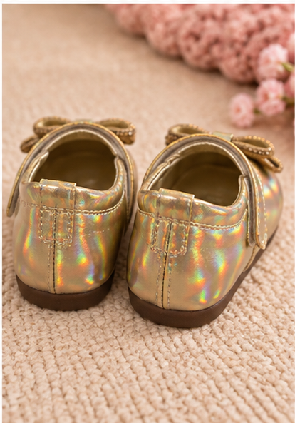 Kids Gold Iridescent Mary Jane Shoes with Bow and Strap, Sizes 15 to 20