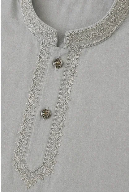 Boys Embroidered Kurta & Shalwar Set – Grey Green