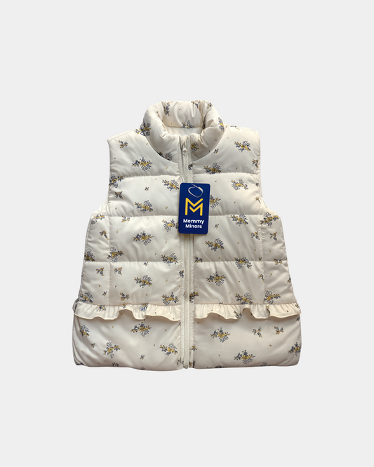 Girls Sleeveless Puffer Vest 1-6 Years - Cream Floral Quilted Zip-Up.