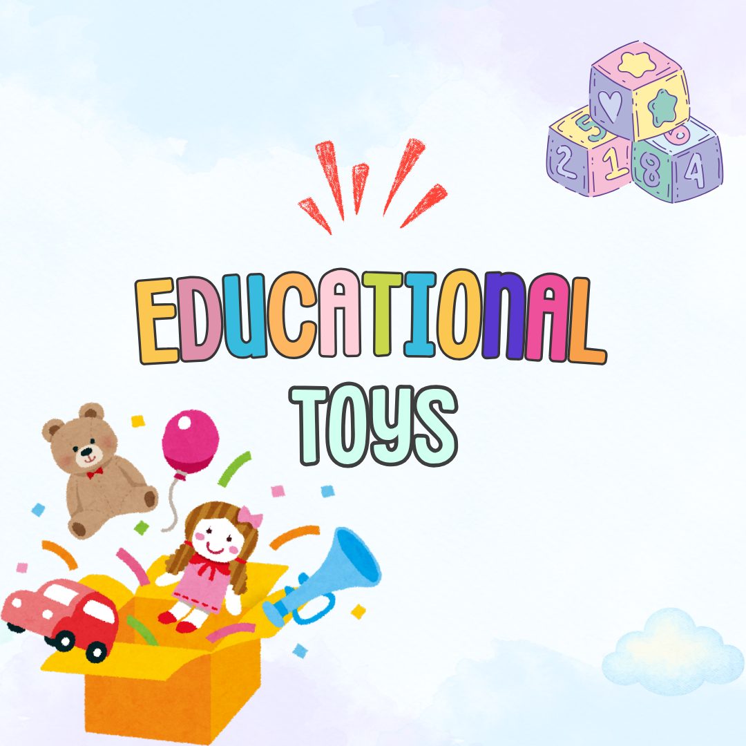 Colorful educational toys graphic with blocks, teddy bear, doll, car, and confetti.