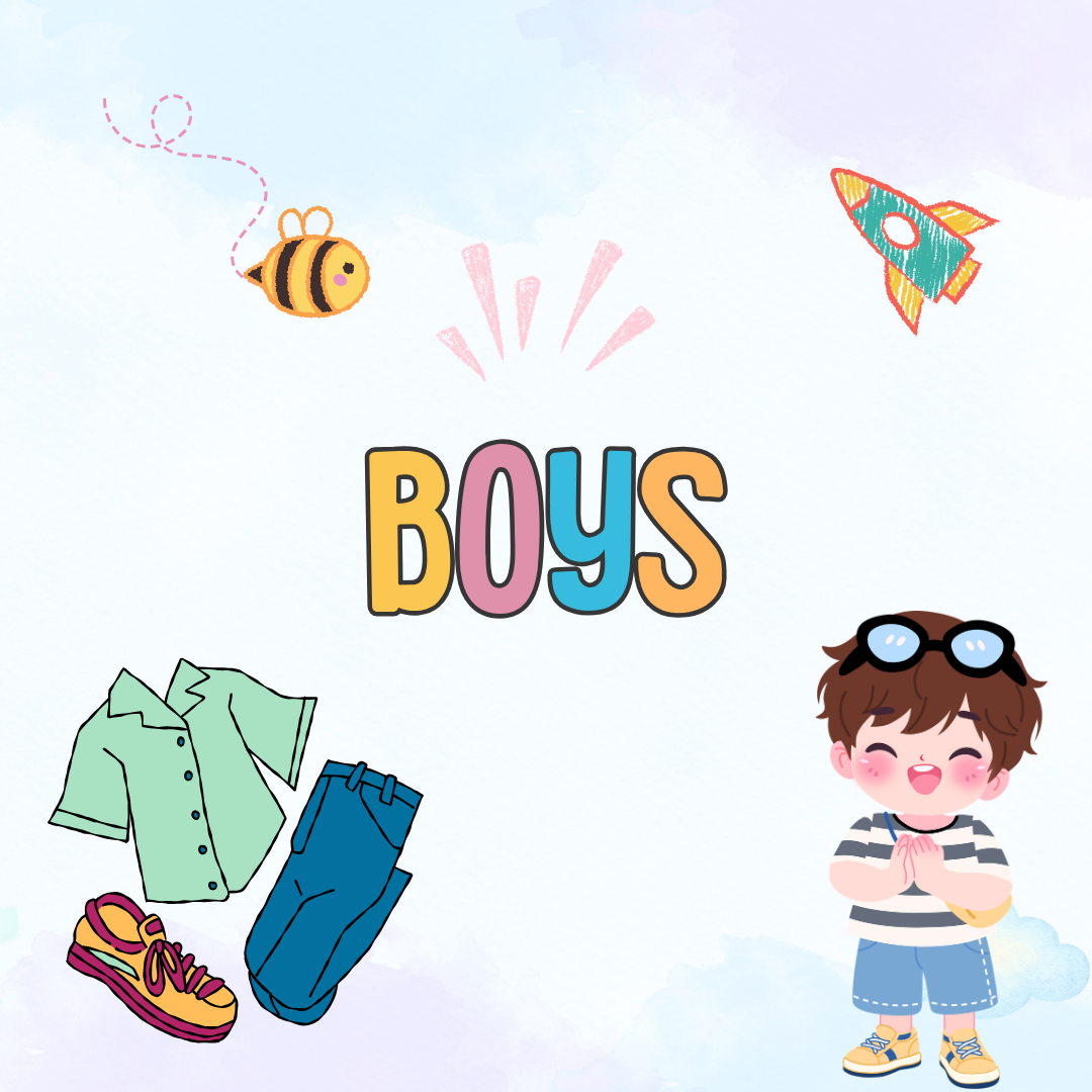 Cartoon boy, boys clothing and playful elements with text 'BOYS' for kids fashion.
