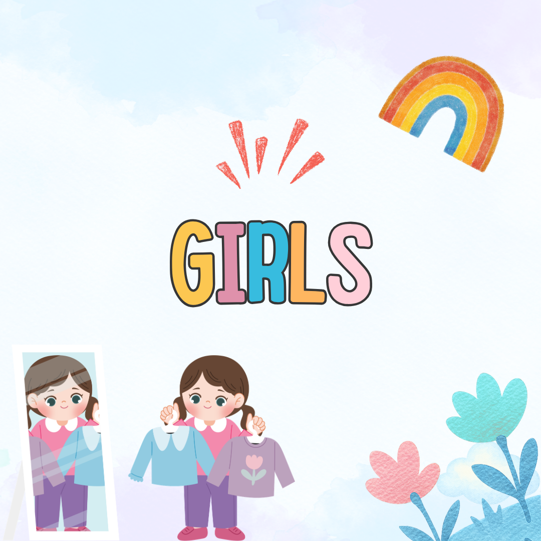 Cute cartoon girl choosing clothes, colorful 'GIRLS' text, rainbow and floral accents, kids fashion theme