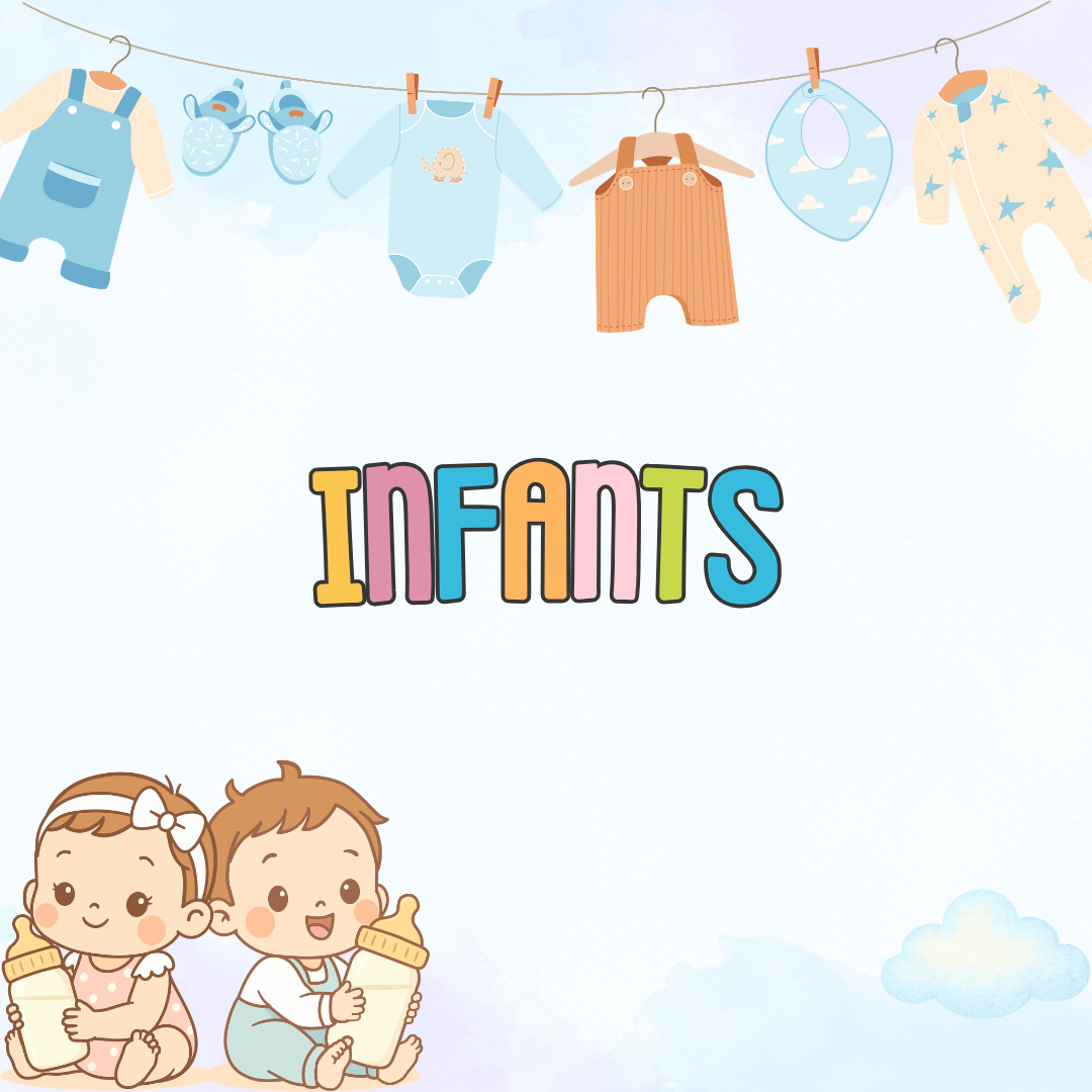 Cute baby clothing, bib, and booties on a clothesline with cartoon infants holding bottles