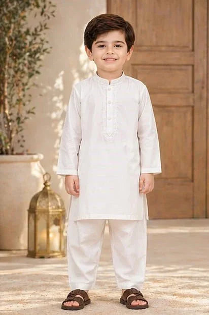 Boys Embroidered Kurta & Trouser Set – White