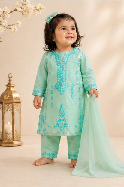 Girls Embroidered Kurta, Trouser & Dupatta Set – Mint/Green