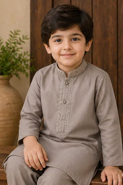 Boys Embroidered Kurta & Shalwar Set – Light Brown