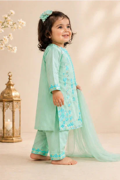 Girls Embroidered Kurta, Trouser & Dupatta Set – Mint/Green