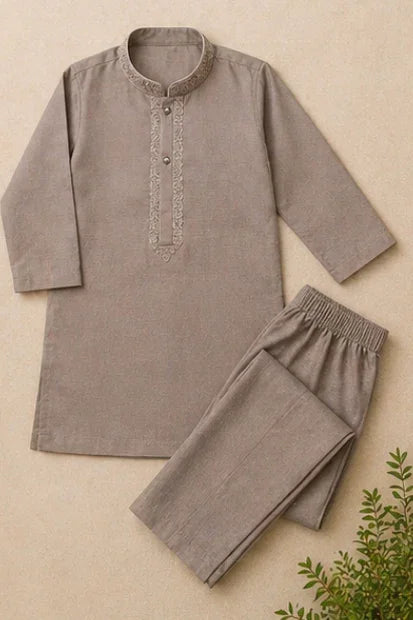 Boys Embroidered Kurta & Shalwar Set – Light Brown