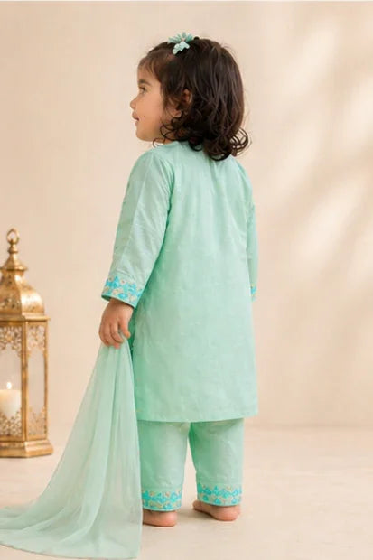 Girls Embroidered Kurta, Trouser & Dupatta Set – Mint/Green