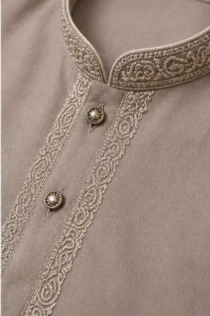 Boys Embroidered Kurta & Shalwar Set – Light Brown