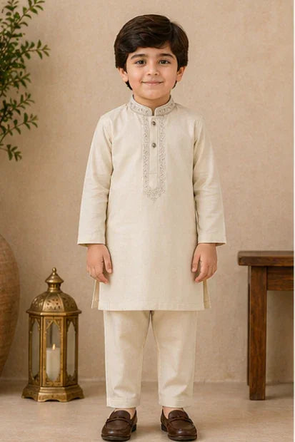 Boys Embroidered Kurta & Trouser Set –  Beige