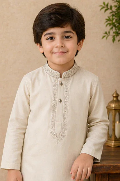 Boys Embroidered Kurta & Shalwar Set –  Beige
