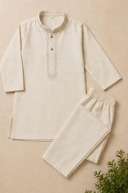 Boys Embroidered Kurta & Shalwar Set –  Beige