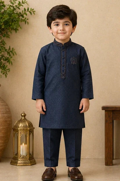 Boys Embroidered Kurta & Shalwar Set – Navy Blue Self