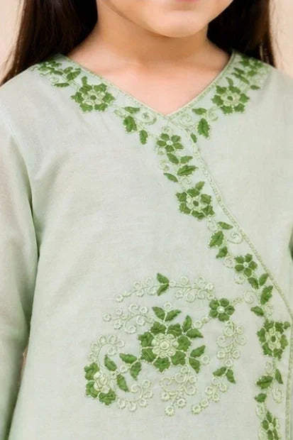 Girls Embroidered Angrakha Kurta Sharara Set – Mint Green