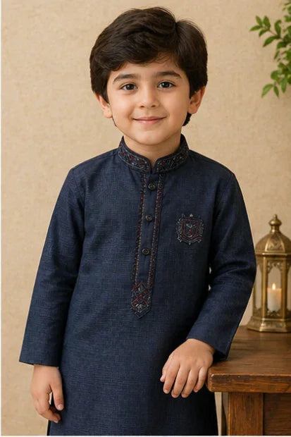 Boys Embroidered Kurta & Shalwar Set – Navy Blue Self