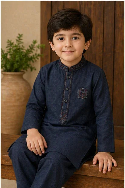 Boys Embroidered Kurta & Shalwar Set – Navy Blue Self