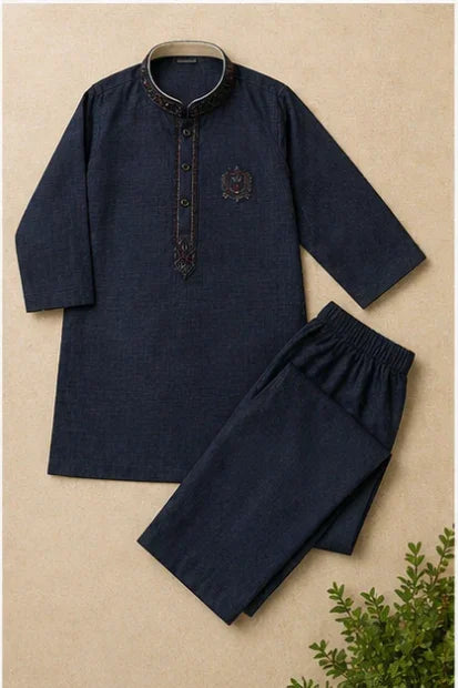 Boys Embroidered Kurta & Shalwar Set – Navy Blue Self