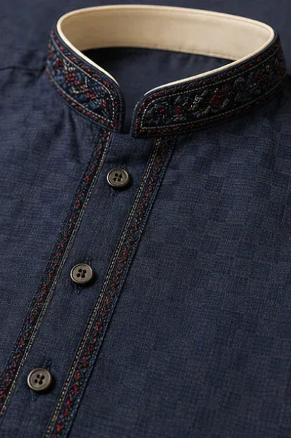 Boys Embroidered Kurta & Shalwar Set – Navy Blue Self