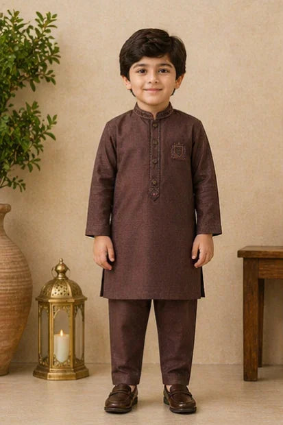 Boys Embroidered Kurta & Shalwar Set – Brown Self