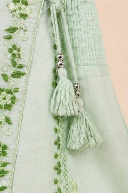 Girls Embroidered Angrakha Kurta Sharara Set – Mint Green
