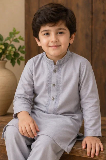Boys Embroidered Kurta & Shalwar Set – Light Mauve