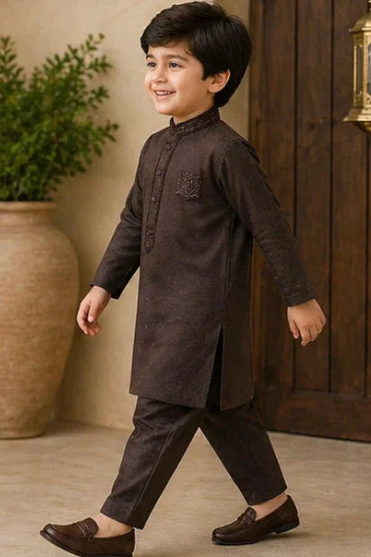 Boys Embroidered Kurta & Shalwar Set – Brown Self