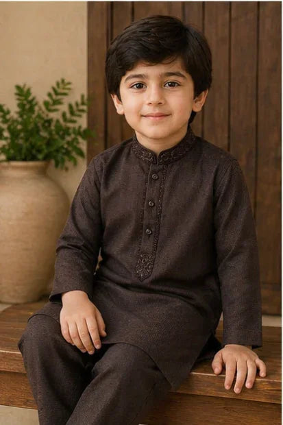 Boys Embroidered Kurta & Shalwar Set – Brown Self