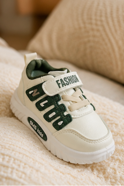 Kids’ White and Green Sporty Sneakers with Velcro Strap