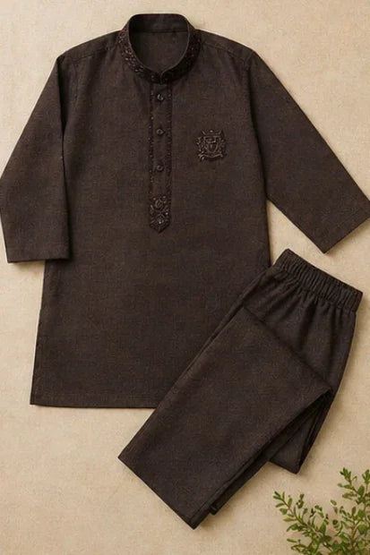 Boys Embroidered Kurta & Shalwar Set – Brown Self