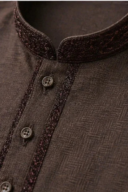 Boys Embroidered Kurta & Shalwar Set – Brown Self