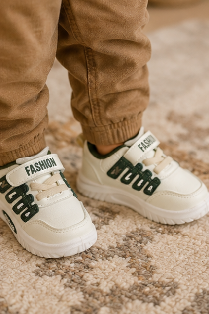 Kids’ White and Green Sporty Sneakers with Velcro Strap