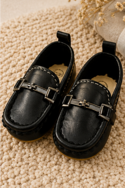 Baby Black Loafers with Metallic Buckle Strap and Heel Pull Tab, Sizes 15 to 20