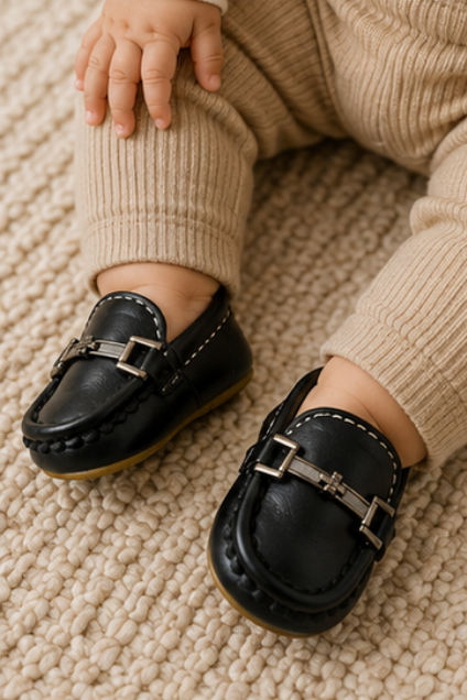 Baby Black Loafers with Metallic Buckle Strap and Heel Pull Tab, Sizes 15 to 20