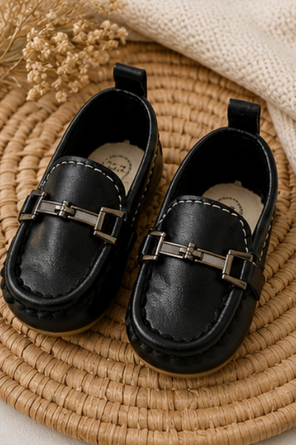 Baby Black Loafers with Metallic Buckle Strap and Heel Pull Tab, Sizes 15 to 20
