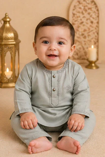 Baby Boys Embroidered Kurta & Shalwar Set – Sage Green