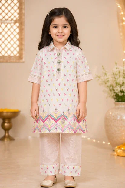 Girls Printed Kurta Set – Off White Multi