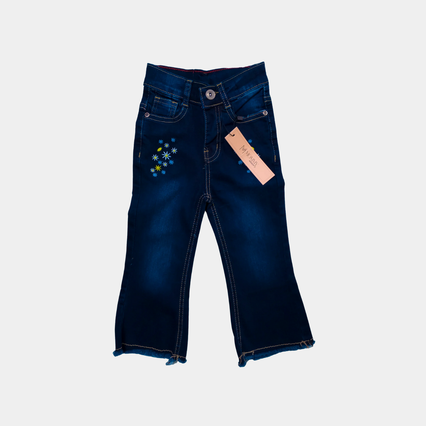 Dark Blue Jeans With Embroidered Flower For Girls | 12M-6YRS